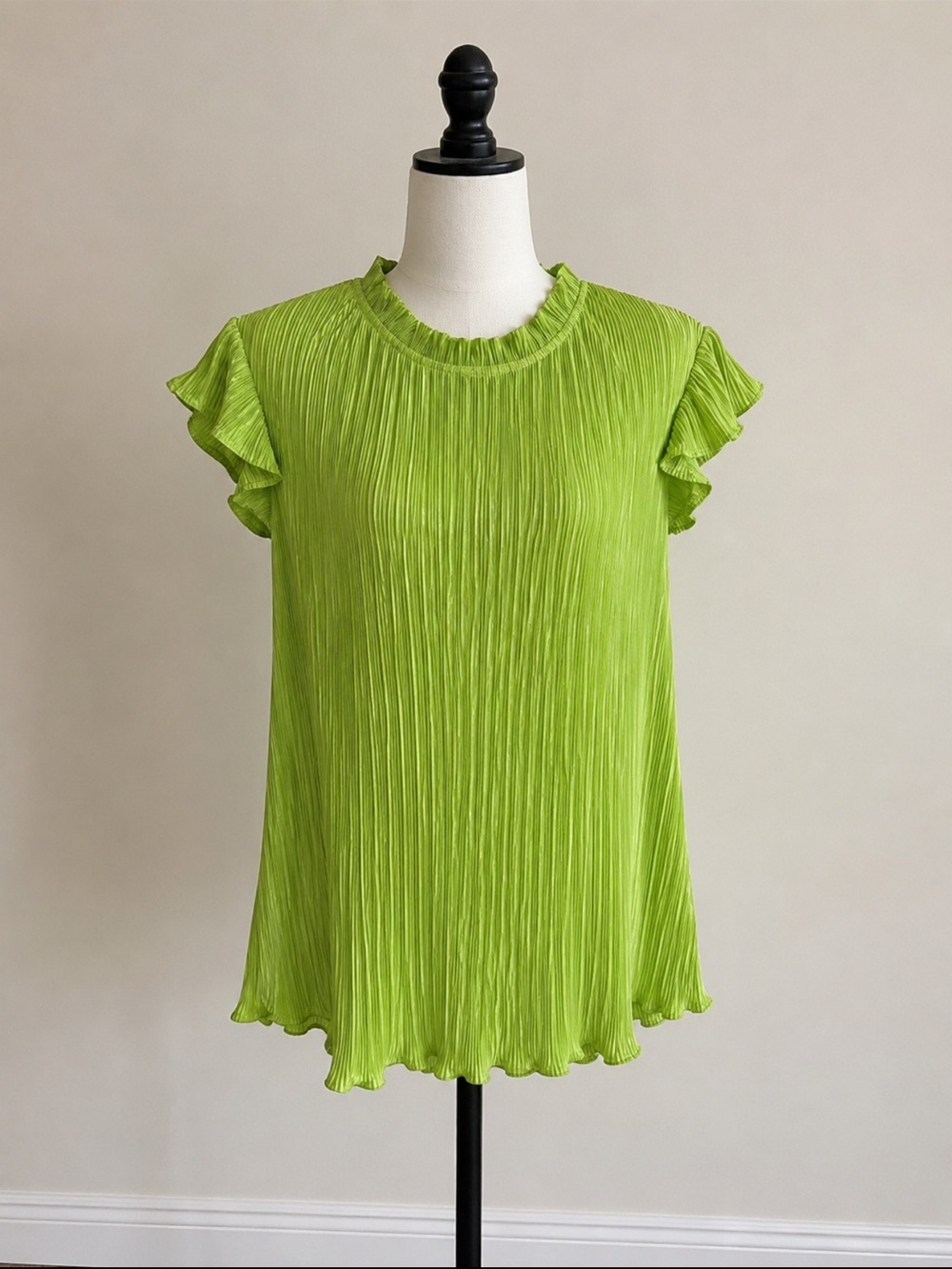 ADORA Bright Lime Green Pleated Ruffle Sleeve Blouse